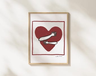 Póster de abrazo fuerte / Arte de pared imprimible / Amor / Rojo cereza / Día de San Valentín / Descarga digital