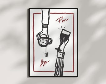 Lámina artística "Té AM, Vino PM" / Bar divertido, decoración de oficina (descarga digital)