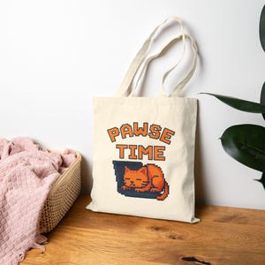 PAWSE TIME - Pixel Art Cat Tote Bag | Cute Gamer Cat Design