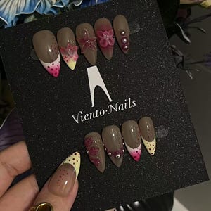 Tropical Flower Press On Nails – Hand Painted Hibiscus & Palm Leaf Design, Summer Vibe Colorful Floral Fake Nails | Free Shipping