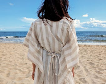 Elegante LANGE linnen poncho voor strand en in de stad. Twee-in-één poncho en mat. Comfortabel, absorberend, premium linnen dat met de jaren zachter wordt