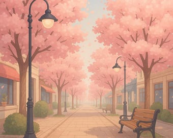 May include: An illustration of a serene street lined with cherry blossom trees in full bloom. The scene features a brick-paved walkway, street lamps, and benches, creating a peaceful, inviting atmosphere. The buildings have red awnings.
