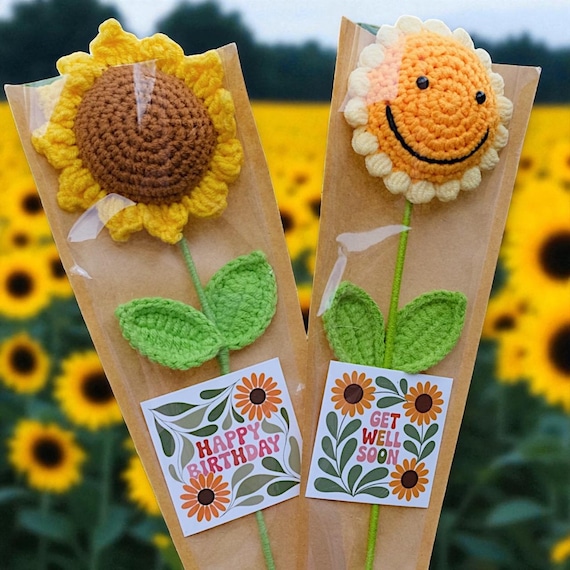Crochet Sunflower Gift – With Choice of Gift Cards - Teacher/Birthday/Get Well