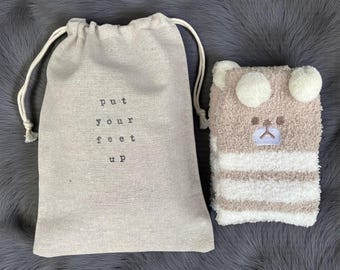 Fluffy Sock Gift Set – Bear or Bunny, Hand-Stamped Pouch