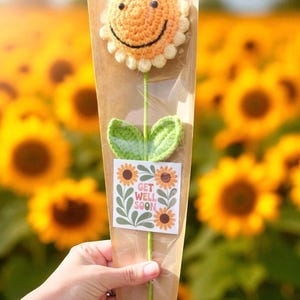 May include: A crocheted sunflower with a smiling face, green leaves, and stem, presented in a brown paper cone. A sticker with the words "Get Well Soon" and sunflower graphics is attached. The background is a field of sunflowers.