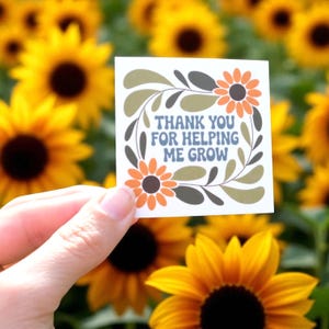 May include: A square sticker with the text "THANK YOU FOR HELPING ME GROW" surrounded by floral elements in orange, brown, and green. The sticker is held in front of a background of bright yellow sunflowers.