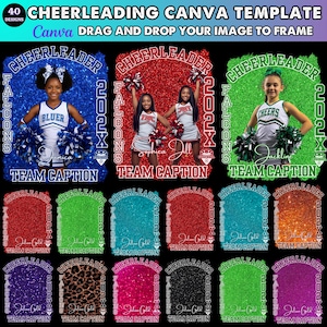 May include: A digital design template for cheerleading, featuring 40 designs. The template includes images of cheerleaders with text that reads "CHEERLEADER" and "FALCONS 202X". The template is designed for use in Canva, with a drag-and-drop feature.