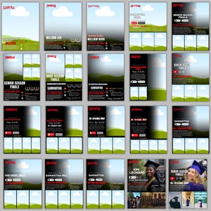May include: A collection of digital graduation announcement templates with a sky and grass background. Each template features text such as "Senior Season Finale", "Grad Season Finale", and names like "William" and "Samantha".