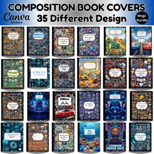 Puede incluir: Una colección digital de 35 portadas de cuadernos editables con diversos temas, incluyendo vehículos de construcción, espacio, deportes, coches de carreras, dinosaurios y juegos. Cada portada rectangular muestra un diseño gráfico único.