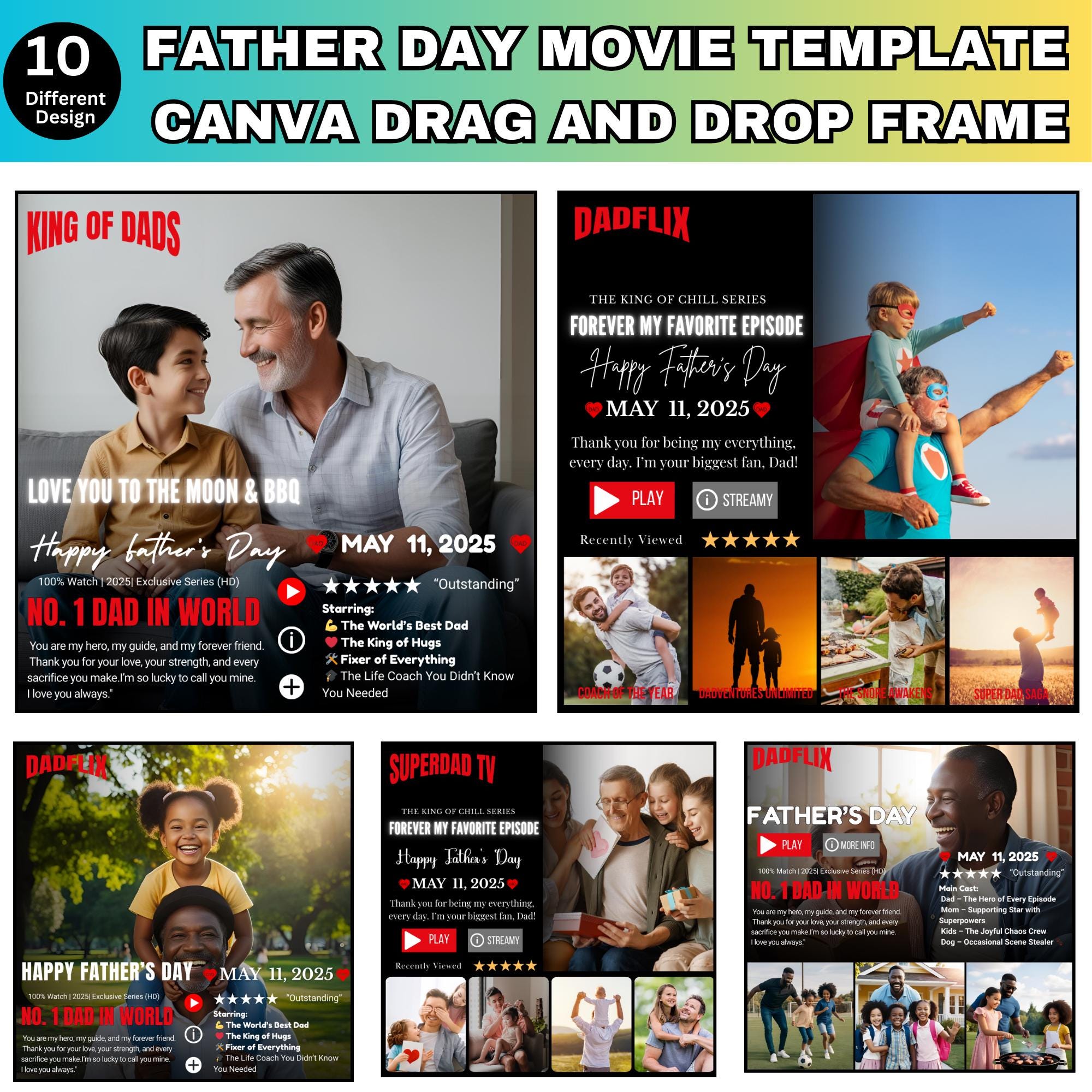 Dadflix Canva Editable Template, Happy Father’s Day Template, Dadflix Movie Photo Collage, Gift For Grandpa, Father&#39;s Day Gift,Best Dad Ever