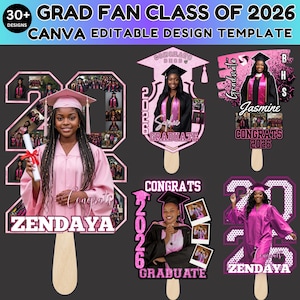 Puede incluir: Una colección de diseños de abanicos de graduación en rosa y blanco, con fotos, nombres y el año 2026. Los abanicos están sobre palos de madera e incluyen el texto "Congrats" y "Graduate". El texto superior dice "30+ Grad Fan Class of 2026".