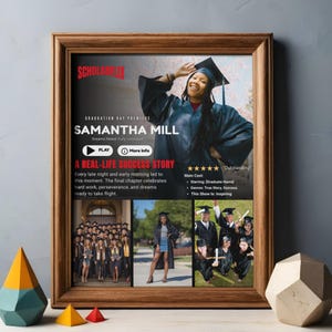 May include: A framed poster with a wooden frame. The poster features the text "SAMANTHA MILL" and "A REAL-LIFE SUCCESS STORY". The poster includes images of a graduate in a cap and gown. The poster is decorated with a graduation theme.