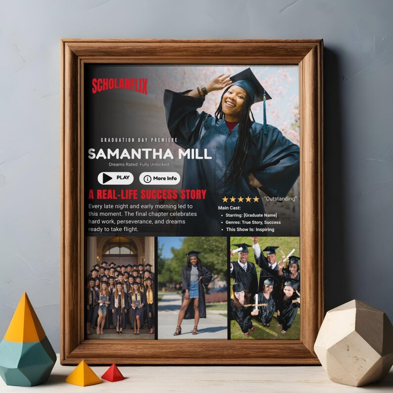 May include: A framed poster with a wooden frame. The poster features the text "SAMANTHA MILL" and "A REAL-LIFE SUCCESS STORY". The poster includes images of a graduate in a cap and gown. The poster is decorated with a graduation theme.