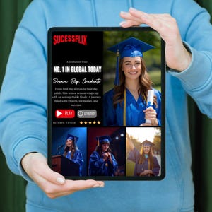 May include: A tablet displaying a graduation story titled "Dream Big, Graduate" with the text "NO. 1 IN GLOBAL TODAY." The screen shows a graduate in a blue cap and gown, holding a diploma. The tablet also features a "PLAY" button and a "STREAMY" button.