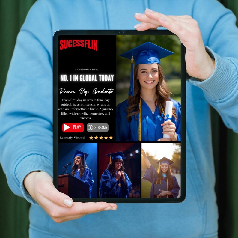 May include: A tablet displaying a graduation story titled "Dream Big, Graduate" with the text "NO. 1 IN GLOBAL TODAY." The screen shows a graduate in a blue cap and gown, holding a diploma. The tablet also features a "PLAY" button and a "STREAMY" button.