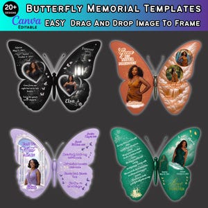 Peut inclure: Quatre modèles commémoratifs en forme de papillon avec des cadres photo et du texte personnalisables. Les designs incluent des palettes de couleurs noir, orange, violet et vert avec des phrases comme Gone But Never Forgotten.