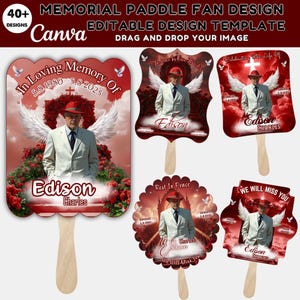 May include: Memorial paddle fan designs with a red and white color scheme. The fans feature a photo of a man in a suit, angel wings, and text that reads "In Loving Memory Of" and "We Will Miss You". The fans have wooden handles.