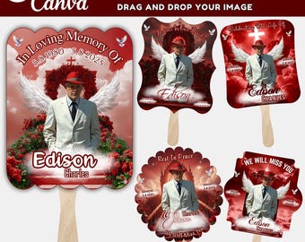 May include: Memorial paddle fan designs with a red and white color scheme. The fans feature a photo of a man in a suit, angel wings, and text that reads "In Loving Memory Of" and "We Will Miss You". The fans have wooden handles.