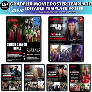 May include: A digital template for movie posters with the text "GRADFLIX" and "SENIOR SEASON FINALE." The design includes images of graduates in caps and gowns, with text that reads "No. 1 in Global Today." The template is editable.