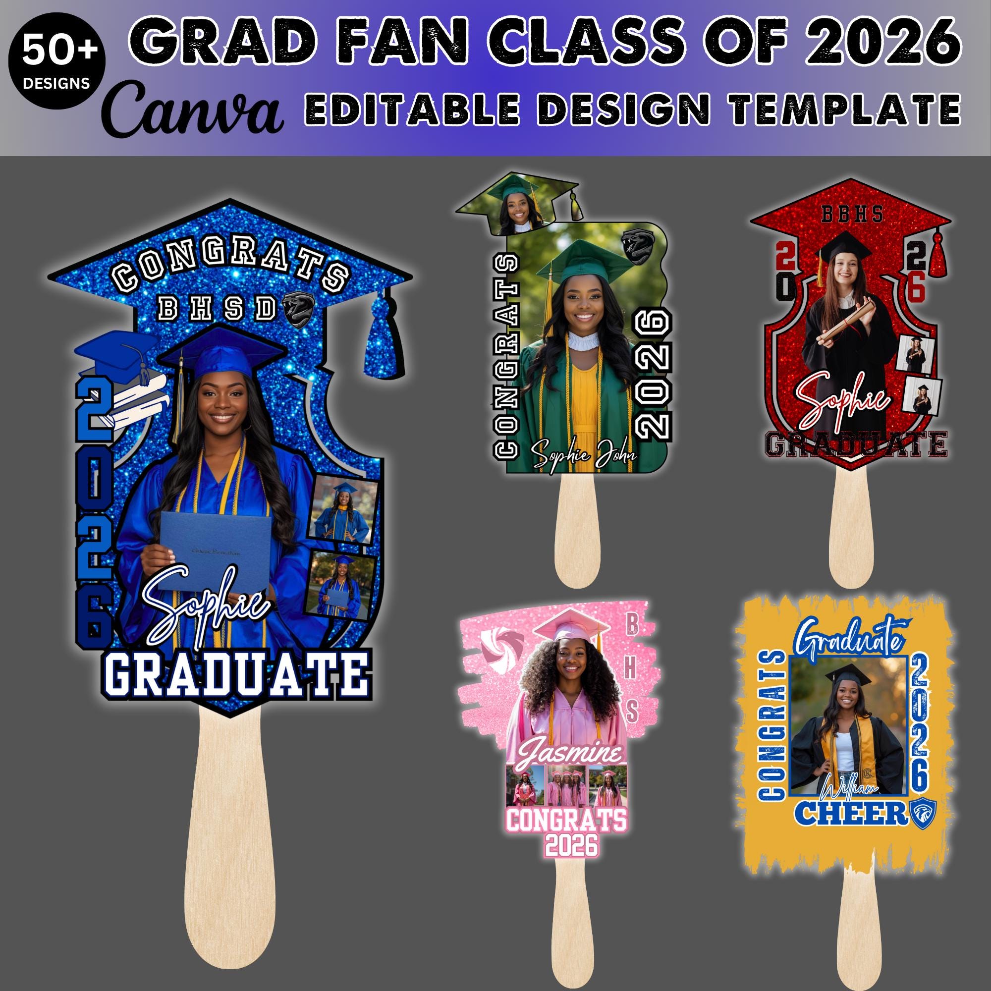 50+ Grad Fan Canva Editable Template, Class of 2026 Graduation Paddle ...