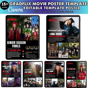 May include: A digital template for movie posters with a graduation theme. The design includes multiple layouts with images of graduates in caps and gowns. Text includes "Senior Season Finale" and "No. 1 in Global Today."