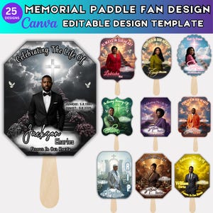 Może przedstawiać: Kolekcja wzorów wachlarzy pamiątkowych. Wachlarze przedstawiają zdjęcia osób, krzyży i fraz takich jak „Celebrating The Life Of” i „Forever In Our Hearts”. Wachlarze mają drewniane uchwyty i są przeznaczone do użytku podczas uroczystości żałobnych.