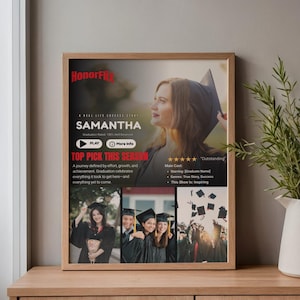 May include: A framed poster with a wooden frame. The poster features the title "SAMANTHA" and the text "TOP PICK THIS SEASON". The poster includes images of graduates and the HonorFlix logo.