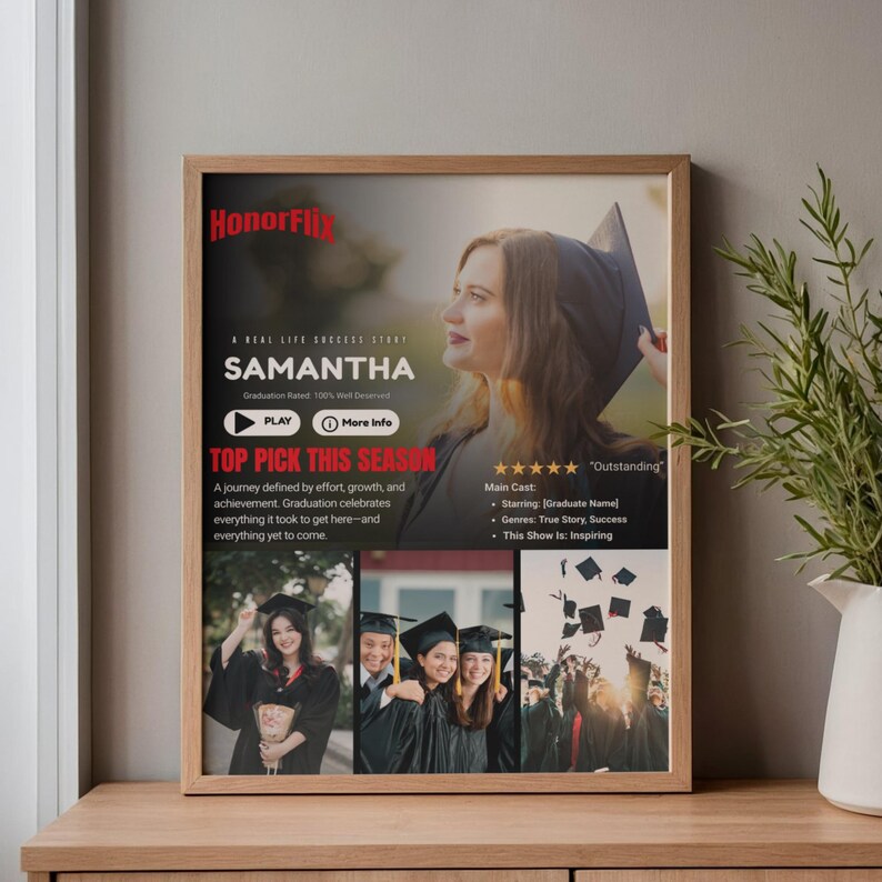 May include: A framed poster with a wooden frame. The poster features the title "SAMANTHA" and the text "TOP PICK THIS SEASON". The poster includes images of graduates and the HonorFlix logo.