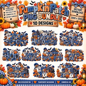 May include: A digital bundle of 10 Halloween-themed graphic designs featuring pumpkins, ghosts, and bats in blue and orange plaid patterns. The text includes phrases like Stay Spooky, Happy Halloween, Boo Crew, Ghost Squad, and Trick or Treat.