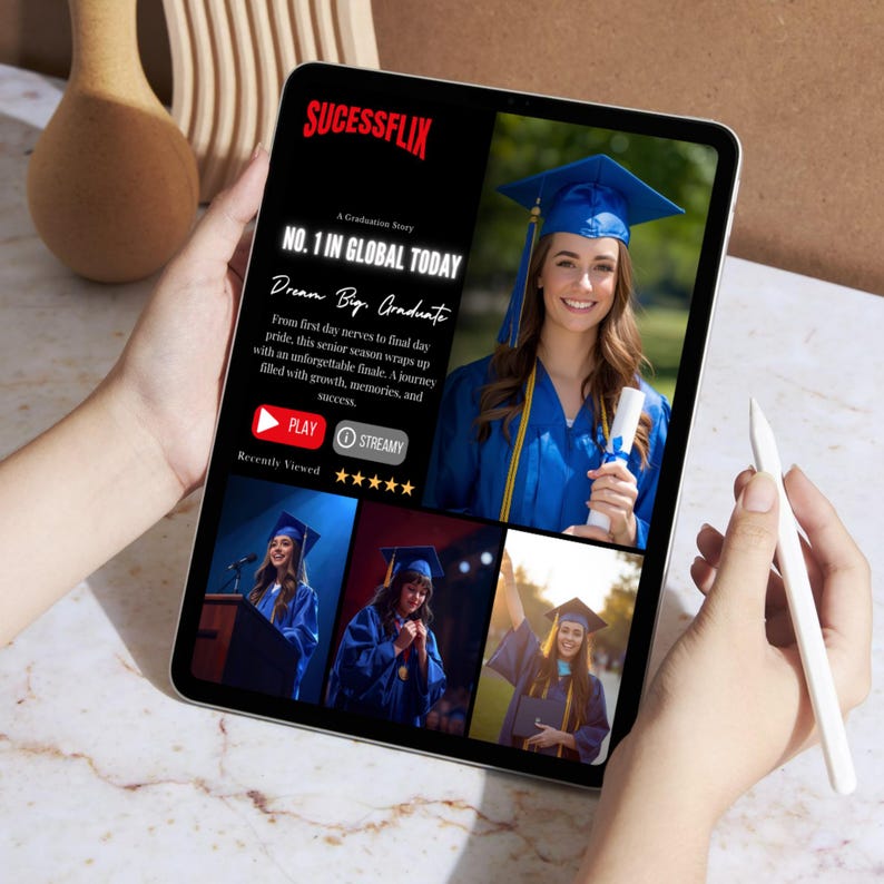 May include: A tablet displaying a graduation story titled "Dream Big. Graduate." The screen shows a young woman in a blue cap and gown, holding a diploma. The tablet also features the text "SUCESSFLIX" and "NO. 1 IN GLOBAL TODAY."