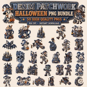 May include: A digital collection of 50 high-quality PNG files titled Denim Patchwork Halloween PNG Bundle. The set features various denim-textured illustrations including ghosts, skeletons, pumpkins, witches, haunted houses, and skulls in blue tones.