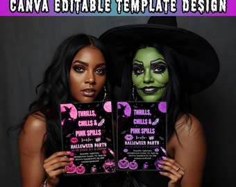 May include: Two women holding Halloween party invitation cards. The cards feature the text "THRILLS, CHILLS & PINK SPILLS" and "HALLOWEEN PARTY 31.10.2025 AT 6:00PM". The top banner reads "GIRLY HALLOWEEN INVITATION CARD CANVA EDITABLE TEMPLATE DESIGN".