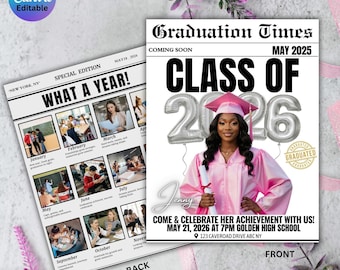 Graduation Newspapers 2026 Canva Editable Template, 15 Graduation Invite Announcement Flyer, Class of 2026,Custom Grad Gift,Digital download