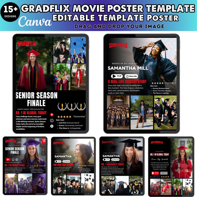 May include: A digital template for movie posters with a graduation theme. The design includes multiple layouts with images of graduates in caps and gowns. Text includes "Senior Season Finale" and "No. 1 in Global Today."
