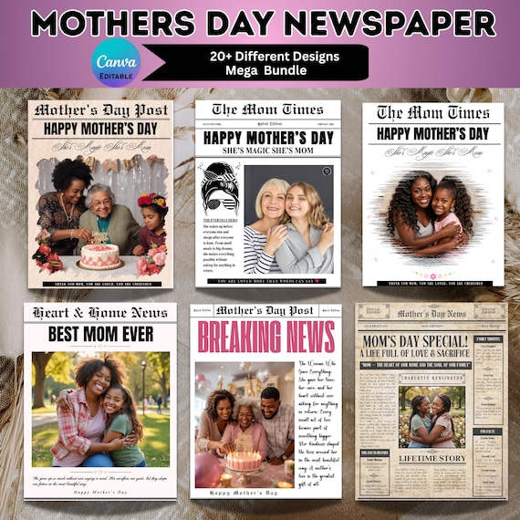 Mothers Day Newspaper Canva Editable Bundle, Mothers Day Gift Design, Personalized gift, Newsletter Template, Bouquet wrap, Digital Download