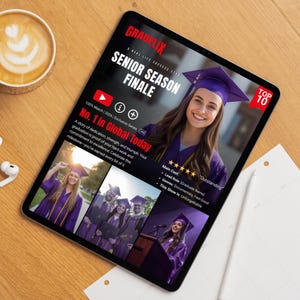 May include: A tablet displays a promotional image for "GRADFLIX: SENIOR SEASON FINALE." The image features a graduate in a purple cap and gown, with text that reads "No. 1 in Global Today." The tablet is on a wooden surface with a coffee cup and headphones.