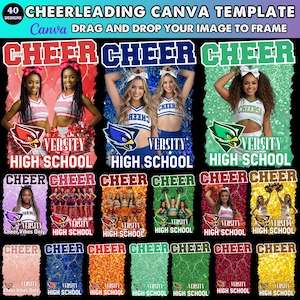 May include: A Canva template design featuring cheerleading graphics. The design includes the word "CHEER" in bold letters, images of cheerleaders, and the text "VERSITY HIGH SCHOOL". The template is designed for easy image insertion.