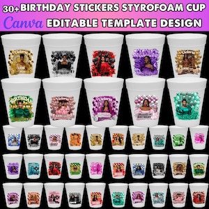 Puede incluir: Una colección de vasos de espuma de poliestireno blancos con varias pegatinas con temática de cumpleaños. Las pegatinas presentan imágenes de personas, globos y las palabras "Cumpleaños" y nombres. El texto "30+ BIRTHDAY STICKERS STYROFOAM CUP" está en la parte superior.