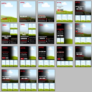 May include: A collection of digital graduation announcement templates with various designs. Each template features a sky background, green hills, and text such as "William," "Samantha," and "Senior Season Finale." The templates have a modern, clean aesthetic.