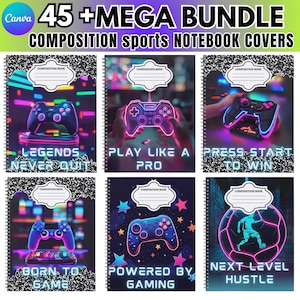 May include: A collection of composition notebooks with gaming-themed covers. Each notebook features a vibrant design with a game controller and phrases like "Legends Never Quit" and "Powered by Gaming". The notebooks are spiral-bound.