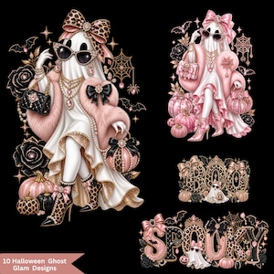 May include: A digital illustration set featuring two ghosts adorned in pink and black accessories, including leopard print bows, sunglasses, pearl necklaces, and handbags. The set includes the text BOO and SPOOKY decorated with pumpkins and spiders.