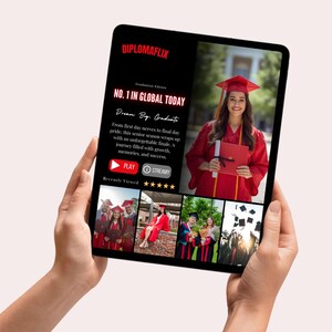 May include: A tablet displaying a graduation-themed advertisement. The screen shows a woman in a red graduation gown and cap, holding a diploma. Text on the screen reads "NO. 1 IN GLOBAL TODAY" and "Dream Big. Graduate."