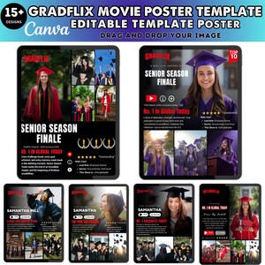 May include: A digital template for movie posters with the text "GRADFLIX" and "SENIOR SEASON FINALE." The design includes images of graduates in caps and gowns, with text that reads "No. 1 in Global Today." The template is editable.