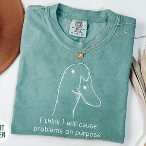 May include: Light green Comfort Colors t-shirt with a white outline drawing of a duck and the text "i think i will cause problems on purpose." A gold pendant necklace rests on the shirt.