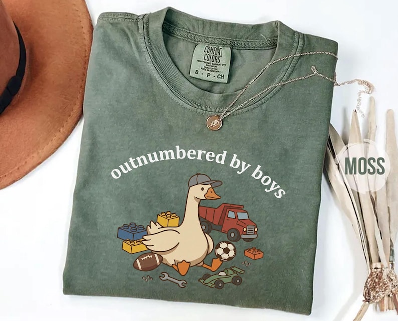 Moss green shirt with fun and playful boy mom graphic
