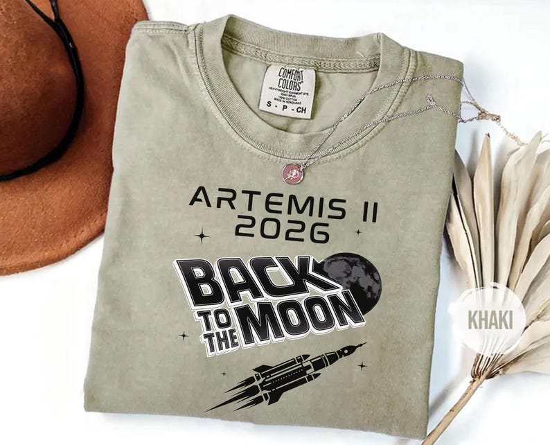 Khaki Comfort Colors NASA moon mission tee with Artemis II 2026 Back To The Moon graphic
