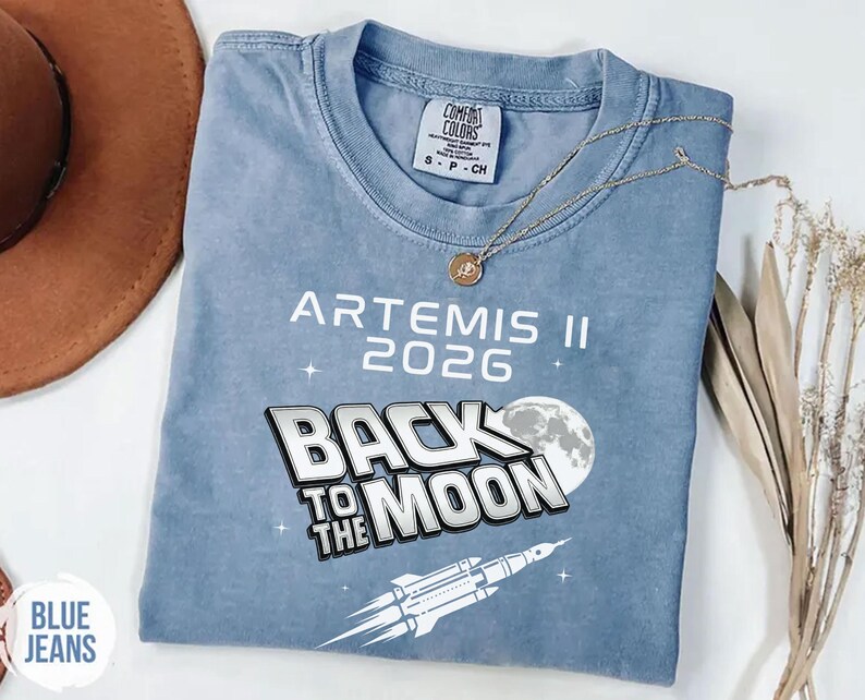 Blue Jean Comfort Colors Back To The Moon shirt featuring Artemis II 2026 moon mission design