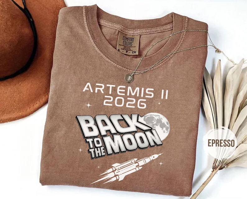 Espresso Comfort Colors Artemis II NASA shirt with Back To The Moon graphic and rocket artwork