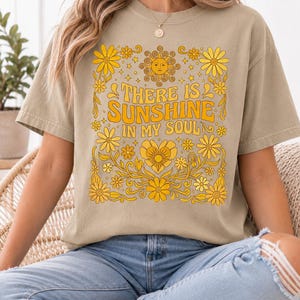 Khaki retro hippie flower graphic tshirt with positive quote