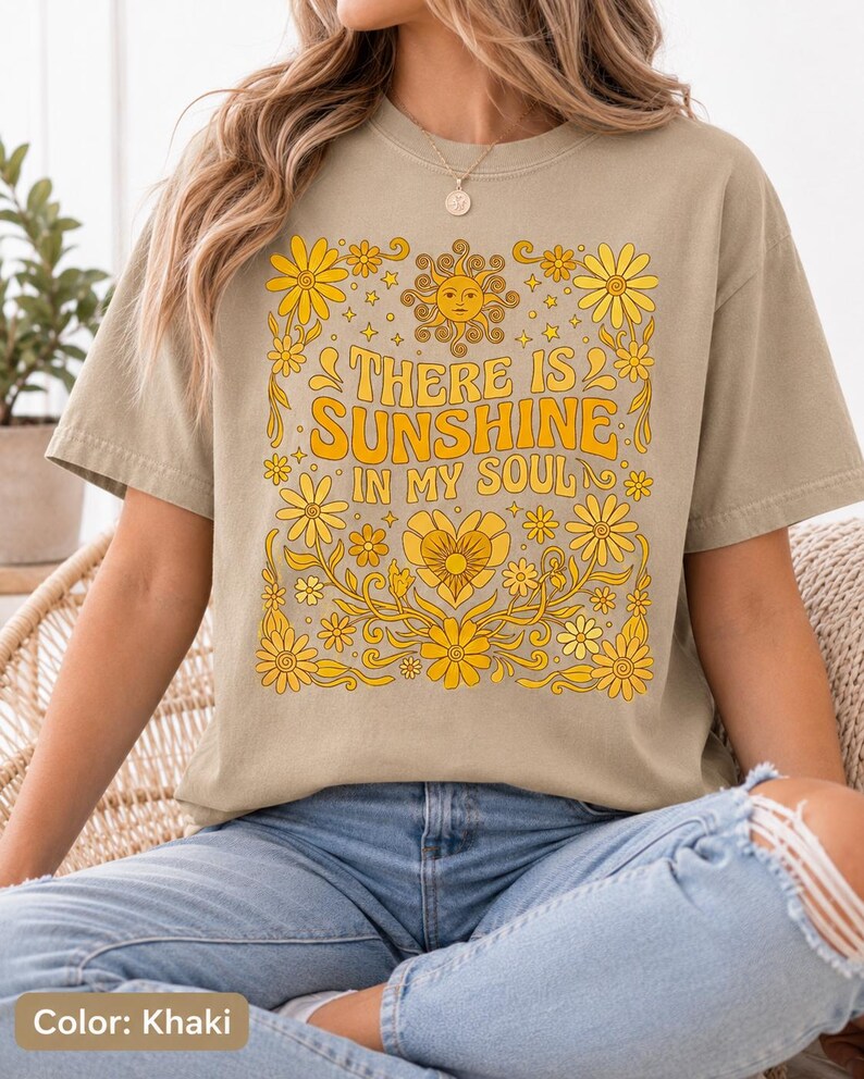 Khaki retro hippie flower graphic tshirt with positive quote